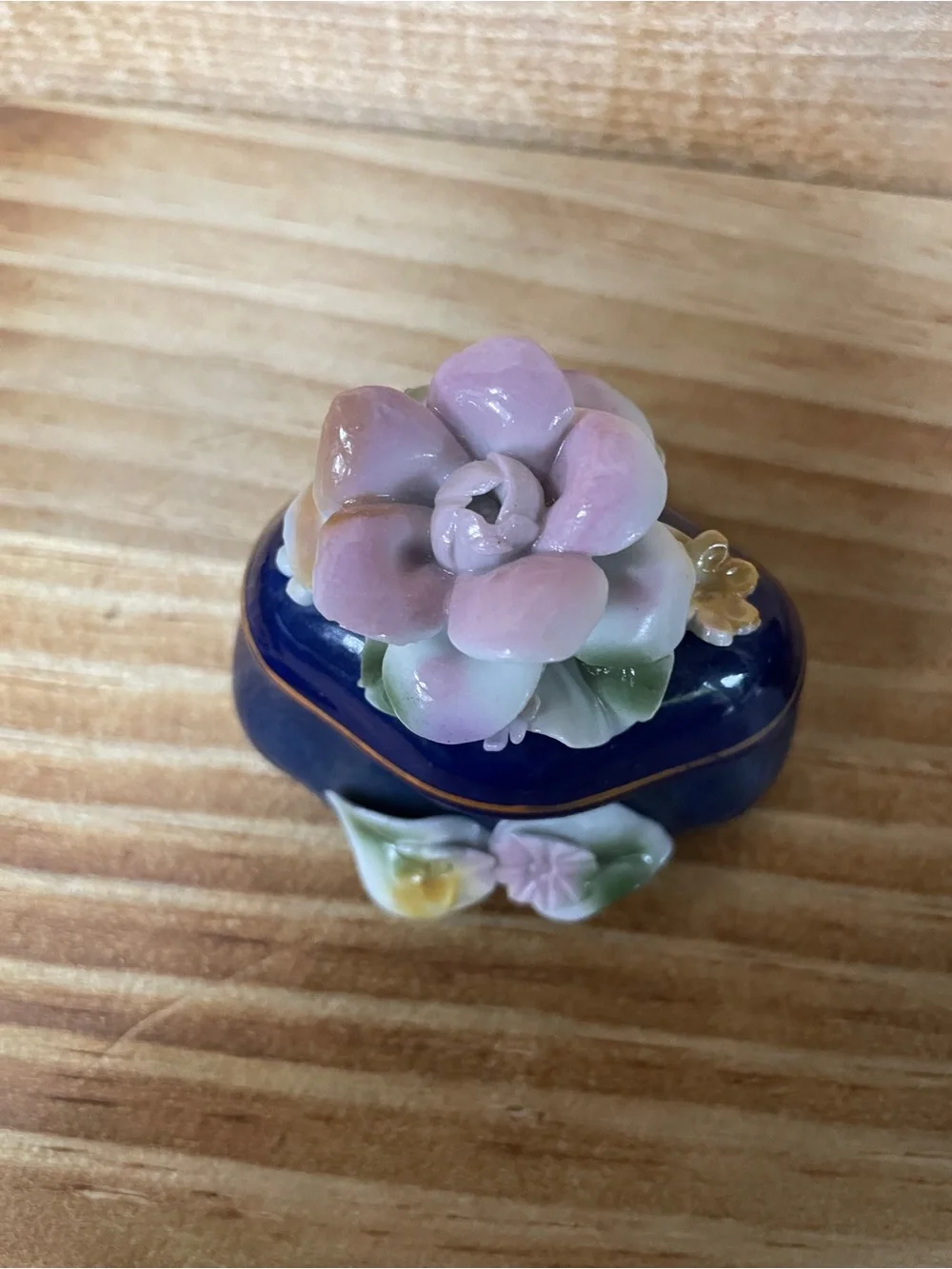 Blue Romanian Porcelain Trinket Boxes with Pink Floral Lids